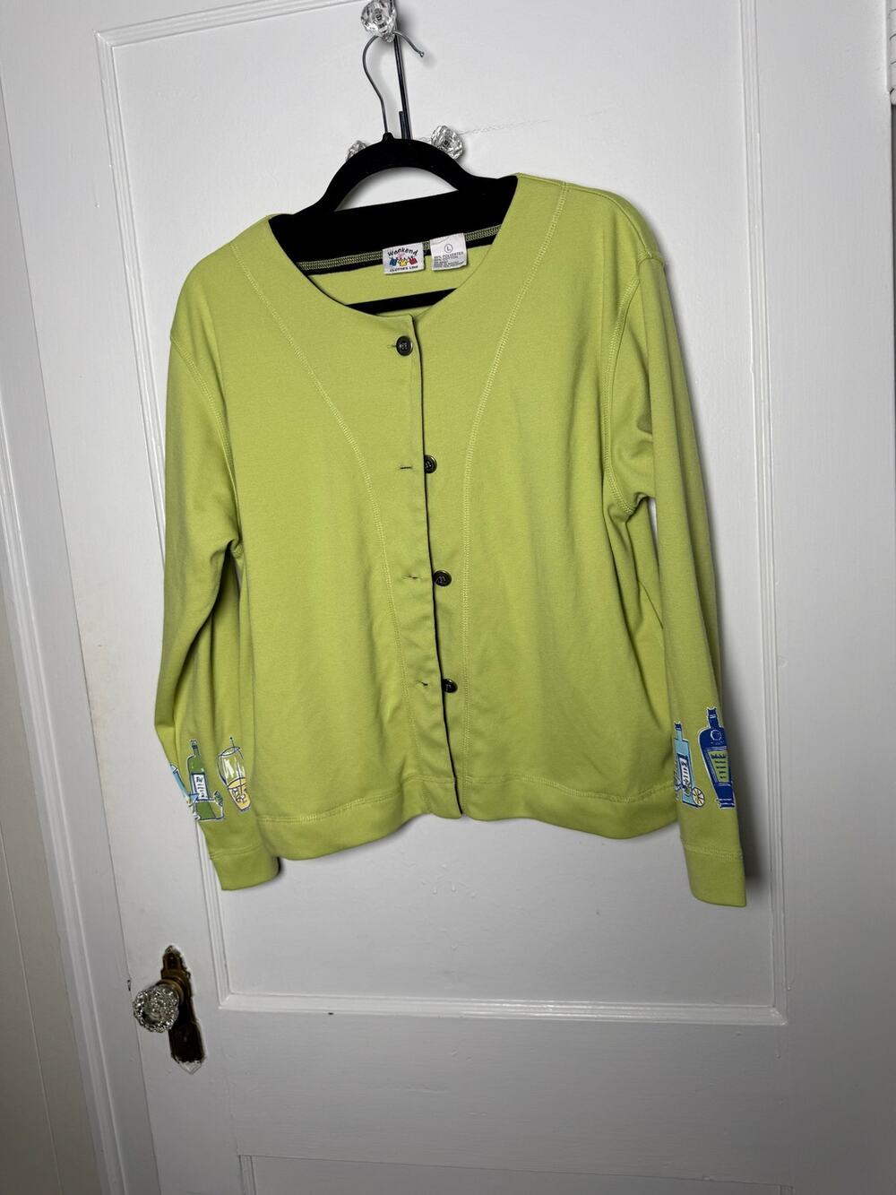 Weekend Clothes Line Lime Green Cocktail Drink Novelty Cardigan Jacket L Retro